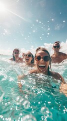 A group of friends splashing and laughing in crystal-clear ocean water, sunlight sparkling on the waves