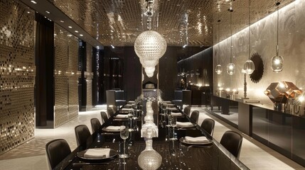 The dining room is a study in sleek minimalism with a long glossy black table that reflects the elegant pendant lights above. The entire wall behind the table is covered in mirrored . - obrazy, fototapety, plakaty