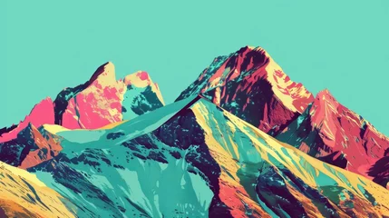 Gordijnen A jagged mountain range in bold pop art colors, contrasting with a bright turquoise sky © ktianngoen0128