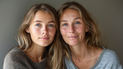 Two women with long hair and blue eyes are smiling at the camera