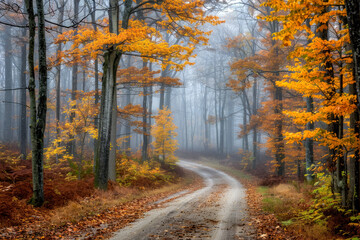 Fototapeta premium Country road through the forest in autumn fog, orange yellow leaves, winding path through the mist