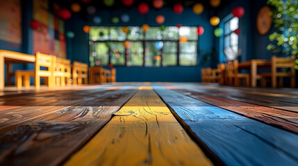 Warm Kindergarten Atmosphere: Empty Table Surface amidst Vibrant