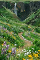 A panoramic view of a winding path disappearing into a field of wildflowers, leading towards a hidden waterfall