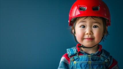 Little boy wearing red helmet and blue overall dream job profession