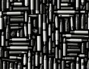 Seamless pattern pictograms of vape cigarettes and white accessories on black
