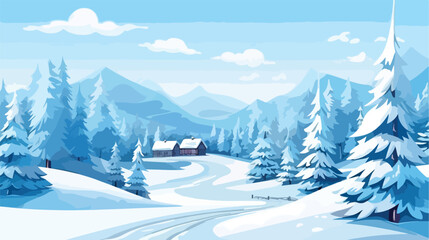 Winter landscape snow trees mountains and cottages