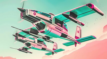 Air vehicles dotted the skyline, their presence a testament to human ingenuity and the dream of flight, closeup - obrazy, fototapety, plakaty
