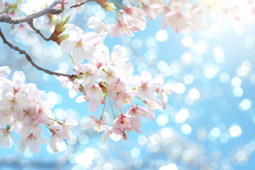 Pink cherry blossoms bloom on a tree branch in springtime Japan