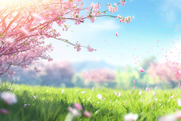 Spring background with delicate pink cherry blossoms in full bloom