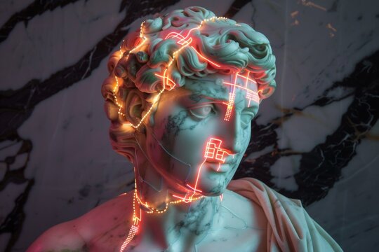 A fragmented hologram of a classical statue, reassembled with digital circuits and neon accents