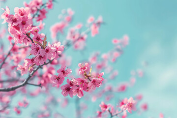 Obraz premium Pink cherry blossoms burst into bloom, painting the spring sky with delicate beauty