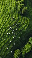 Aerial shot of a meadow dotted with grazing sheep, their white forms contrasting with the vibrant green landscape