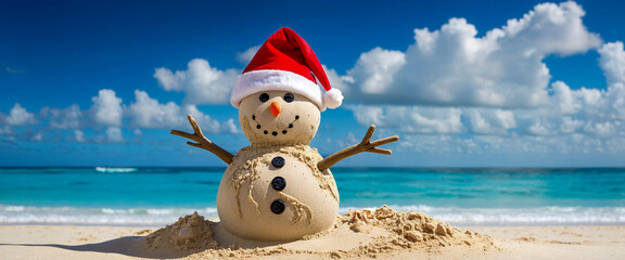Tropical Paradise Playground: Sand Snowman with Santa Hat on the Beach