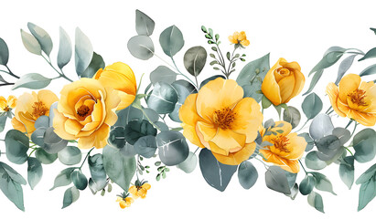 This abstract floral arrangement features yellow flowers, branches, and eucalyptus leaves, surrounded by a watercolor rose border, making it perfect for summer-themed designs and decorations. - obrazy, fototapety, plakaty