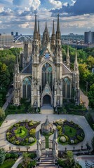 Aerial view of a cathedral showcasing its ornate facade, stained glass windows, and surrounding gardens - obrazy, fototapety, plakaty