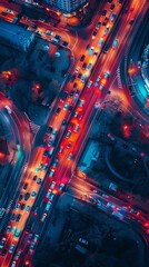 Aerial view of a traffic jam at night, a gridlock of headlights and taillights creating abstract patterns
