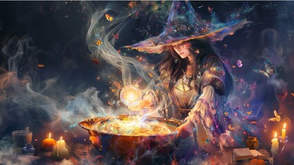 a fantasy-themed illustration depicting a witch performing a magical ritual. She is dressed in a detailed, flowing gown with a large brimmed hat adorned with symbols