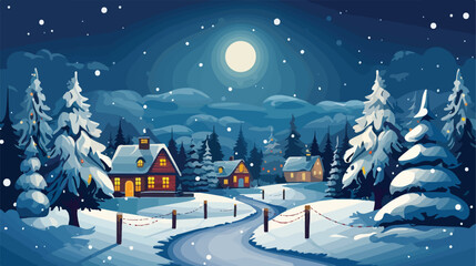 Winter night townscape with houses and decorated fi - obrazy, fototapety, plakaty