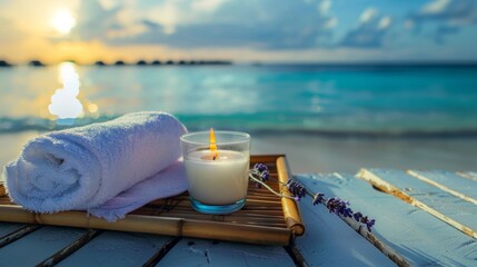Close-up of a white rolled towel, a sprig of lavender, and a flickering candle on a bamboo tray overlooking a tropical beach