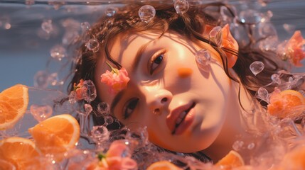 Captivating Portrait of a Woman Submerged in Water with Vibrant Orange Slices and Bubbles