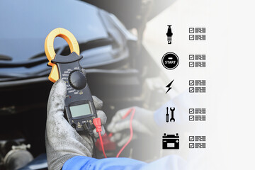 Auto mechanic using meter to check car battery fail problem to change repairing or fix and...