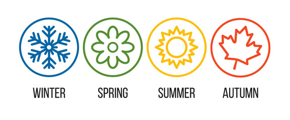 Four seasons round outline vector icons set. Blue winter snowflake. Green spring flower. Yellow summer sun. Orange autumn leaf.