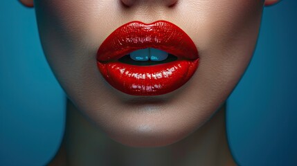 Bright painted lips of a beautiful girl on a blue background.