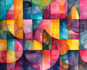 A colorful abstract painting with many different shapes and colors