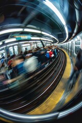 Fisheye lens panorama of a crowded subway platform, capturing the energy and movement - obrazy, fototapety, plakaty