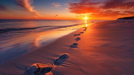 Footprints disappearing into the pristine sand, leading towards a horizon ablaze with a fiery sunset - obrazy, fototapety, plakaty