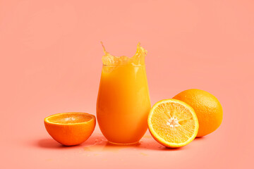 Glass of fresh orange juice with splashes on pink background