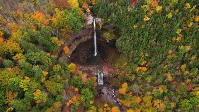 Epic Drone Aerial View Beautiful Fall Colors in Kaaterskill Waterfall Catskills, NY Autumn Fly Out Tilt Up