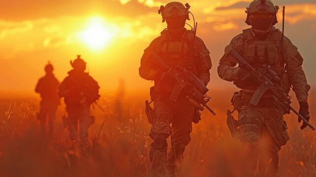 Close-up of a contemporary soldiers action squad wearing navy seals against a sunset backdrop.