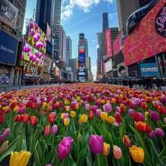 Blooming Beauty: A Vibrant Display of Tulips Transform Times Square into a Colorful Wonderland