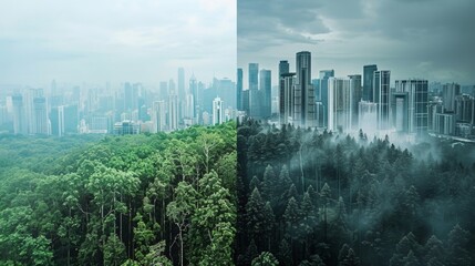 A splitscreen image with a forest on one half and a city skyline on the other. The text reads...