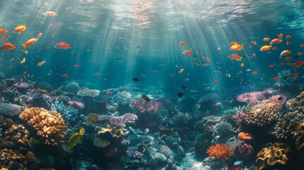 Fototapeta premium Panoramic view of a colorful coral reef teeming with fish, sunlight dappling through the water