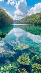 Panoramic view of a crystal-clear lake surrounded by lush greenery, with vibrant aquatic plants visible beneath the surface