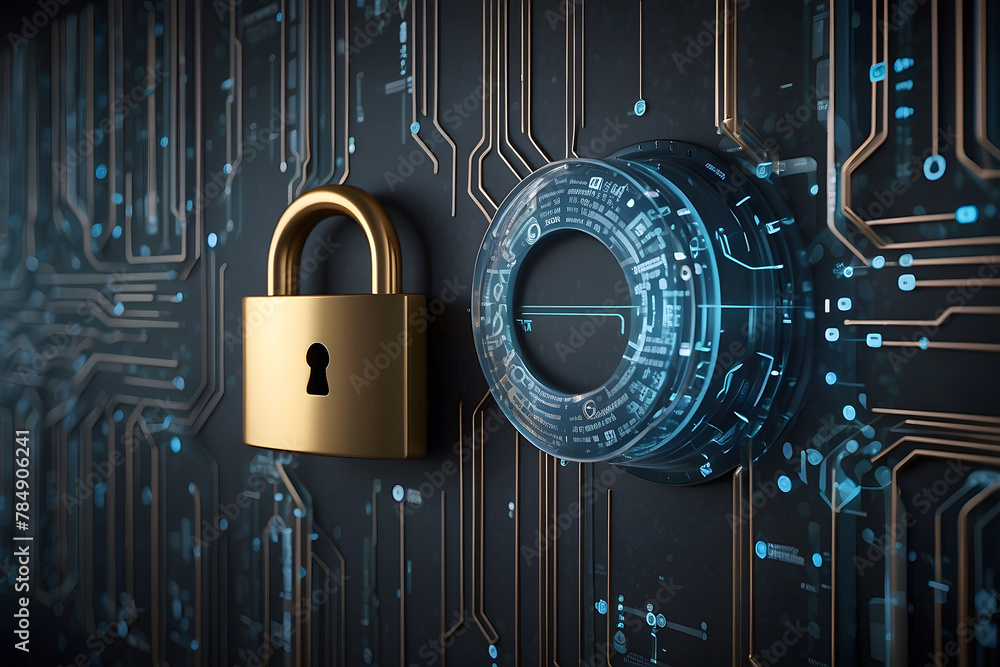 Poster a hyper-realistic image showcasing the concept of cybersecurity and privacy to protect data center, 
