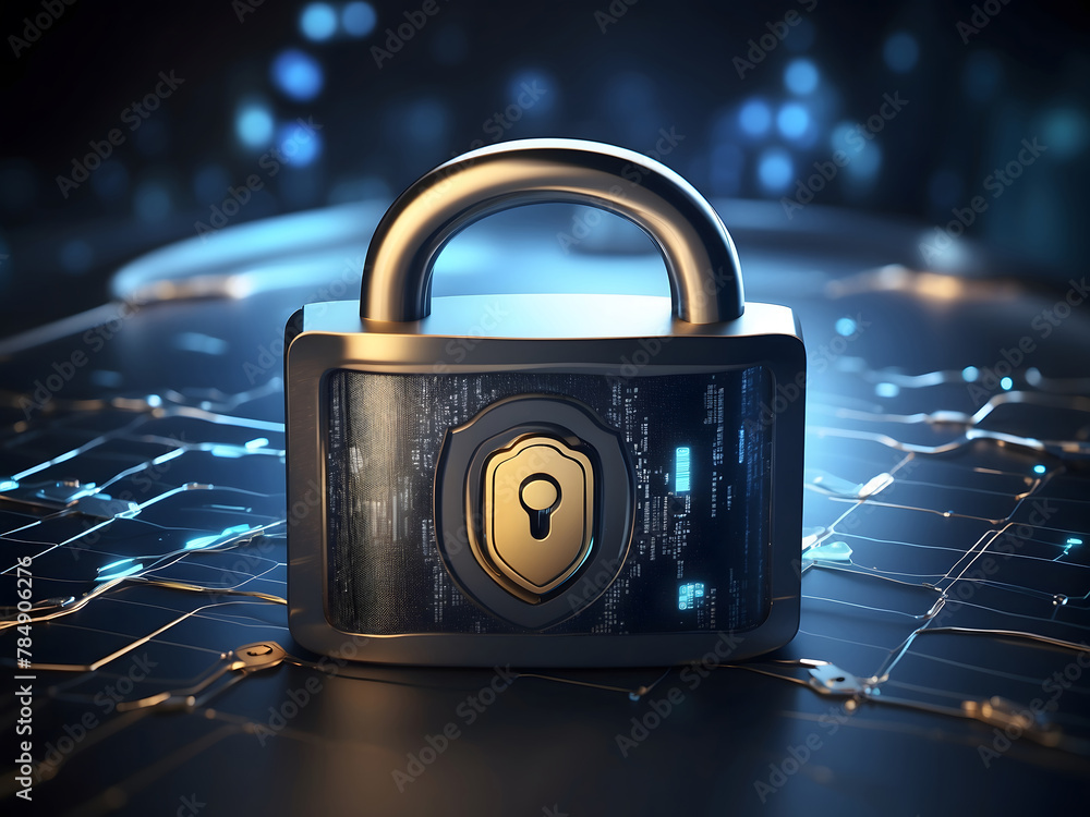 Poster a hyper-realistic image showcasing the concept of cybersecurity and privacy to protect data center, 