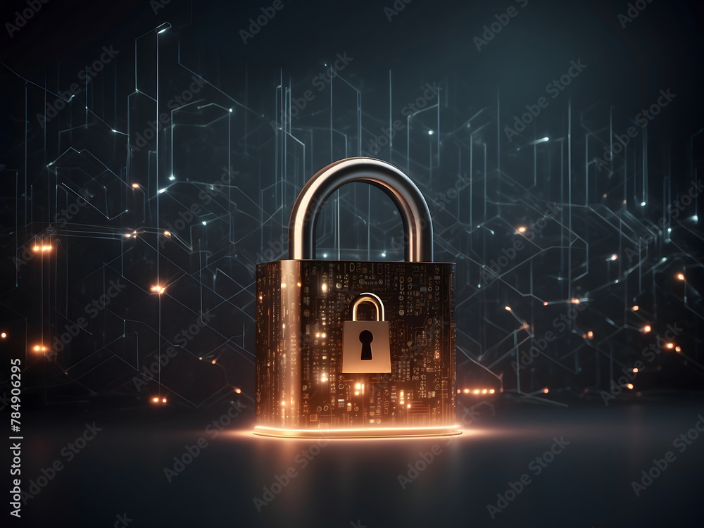 Poster a hyper-realistic image showcasing the concept of cybersecurity and privacy to protect data center, 