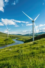 Harmonious Energy: Wind Turbines Dancing in a Green Grass Field Alongside a Serene River