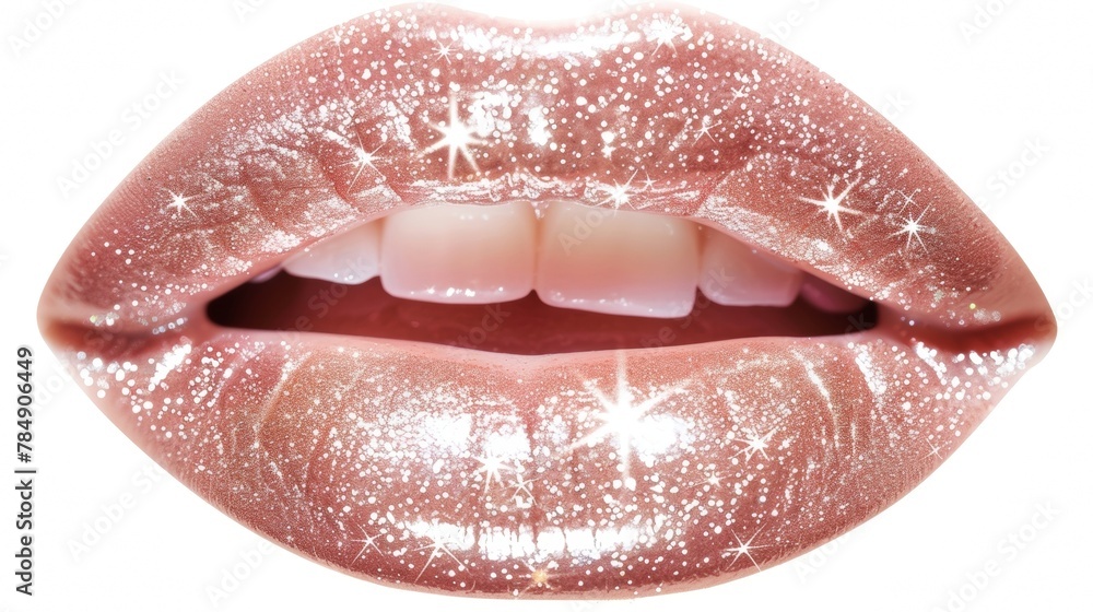 Poster soft pale pink lips adorned with a layer of glittering gloss adding a touch of glam to any look. .
