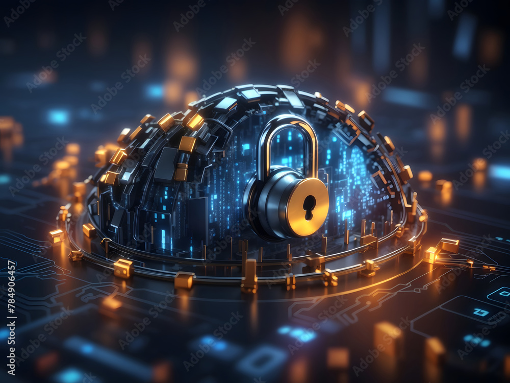 Poster a hyper-realistic image showcasing the concept of cybersecurity and privacy to protect data center, 