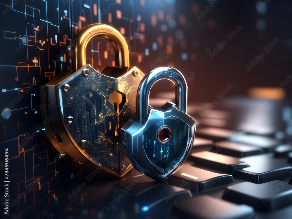 Poster a hyper-realistic image showcasing the concept of cybersecurity and privacy to protect data center, 