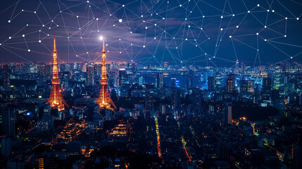 Fototapeta premium Emails with aerial view of Tokyo, Japan at night.