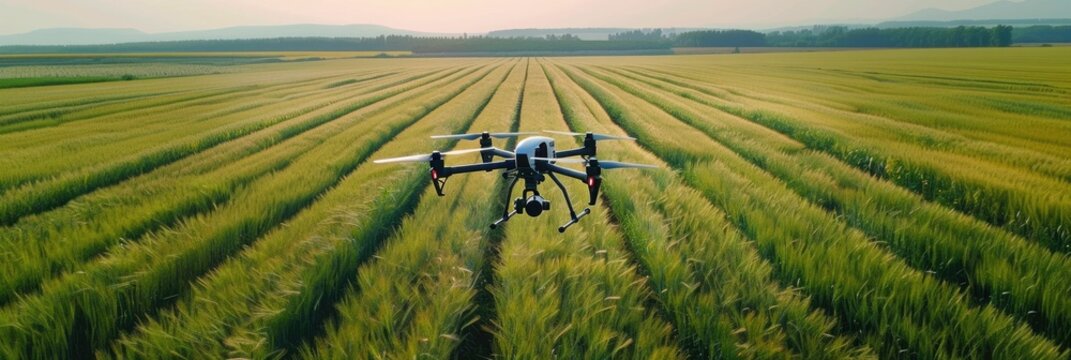 Drone Monitoring Vast Farmlands from Aerial Perspective Showcasing Precision of Modern Farming Techniques