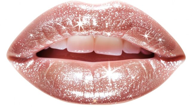 Soft pale pink lips adorned with a layer of glittering gloss adding a touch of glam to any look. .