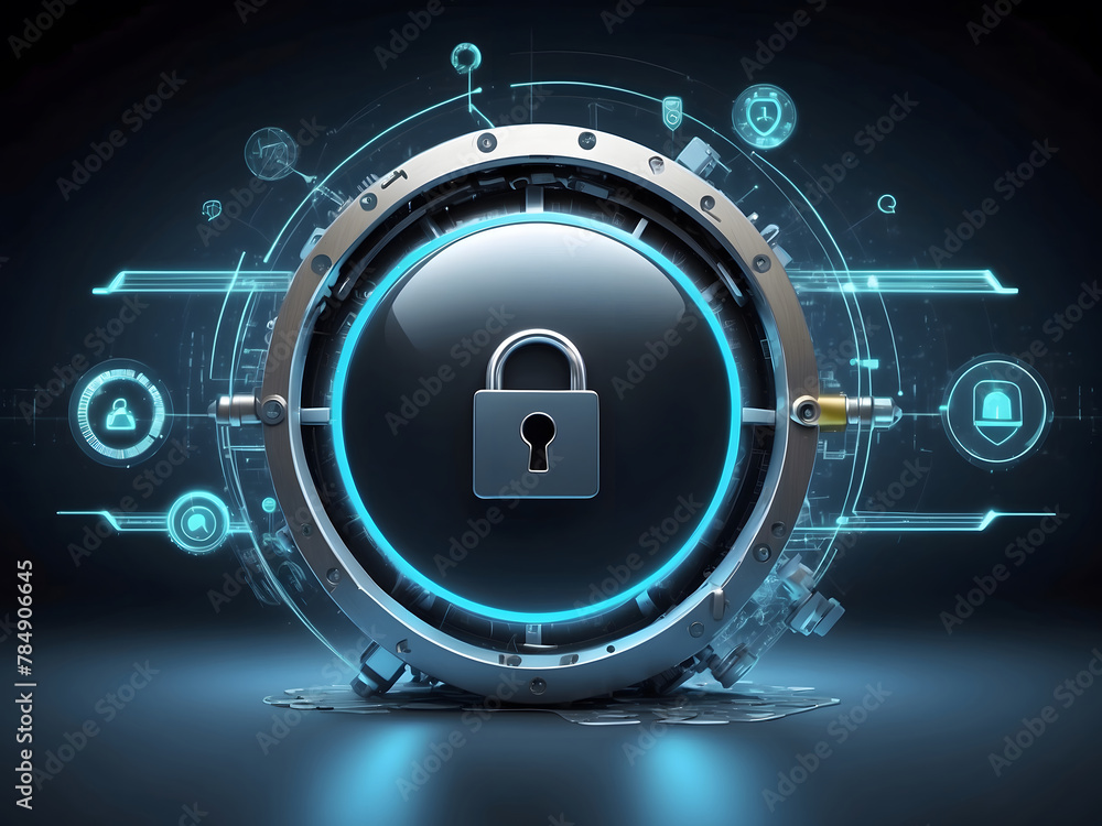 Poster a hyper-realistic image showcasing the concept of cybersecurity and privacy to protect data center, 