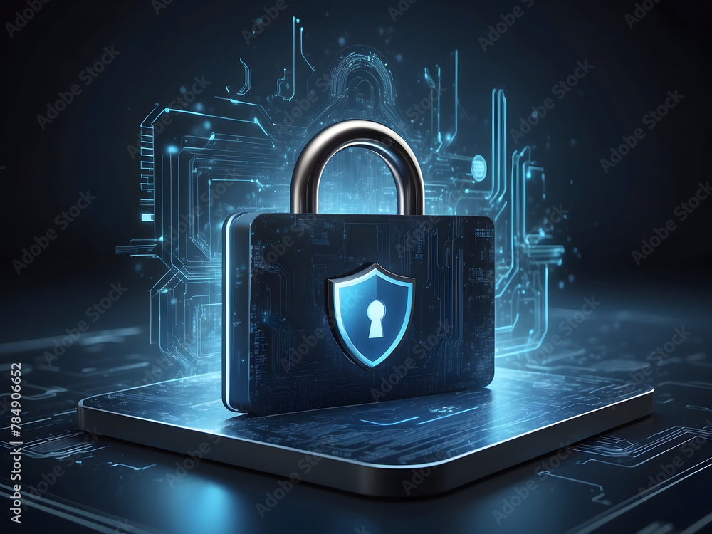 Poster a hyper-realistic image showcasing the concept of cybersecurity and privacy to protect data center, 