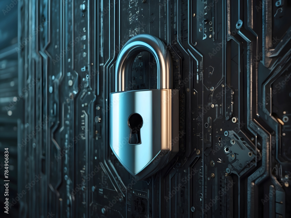 Poster a hyper-realistic image showcasing the concept of cybersecurity and privacy to protect data center, 